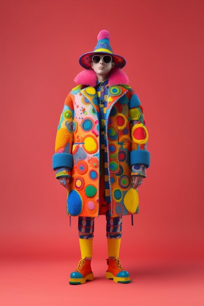 a model wears a colorful jacket with a colorful jacket and sunglasses.