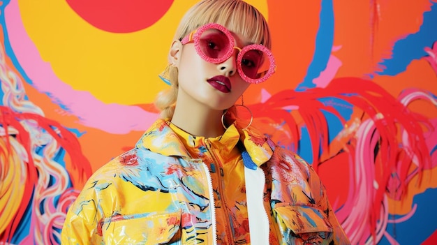 a model wears a colorful outfit with pink glasses.