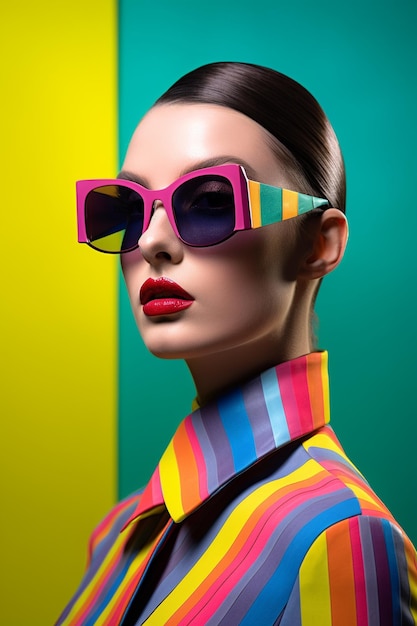 A model wears a colorful pair of sunglasses with a striped shirt and tie