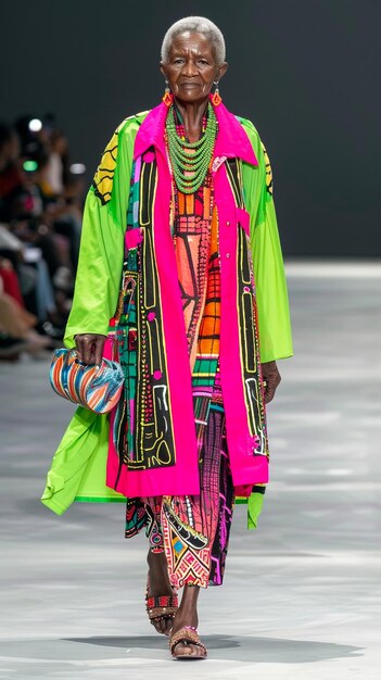 Photo a model wears a colourful outfit by fashion business during the fashion show