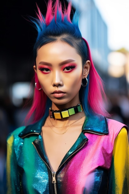 A model wears a colourful outfit from the runway collection