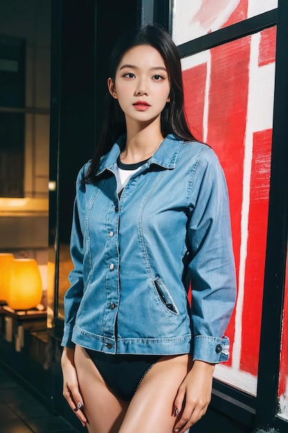 a model wears a denim jacket with a white shirt that says fashion.