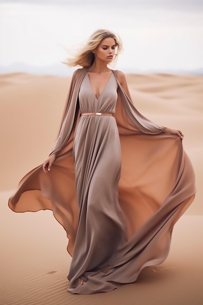 모델은 사막에서 드레스를 입는다.