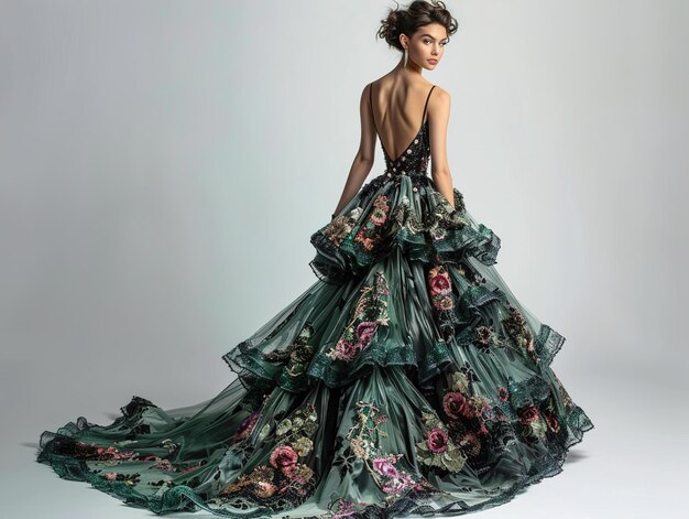 Photo a model wears a dress with flowers on the bottom