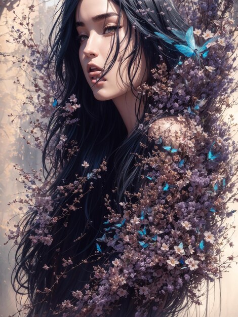 a model wears a floral dress with blue butterflies on the neck