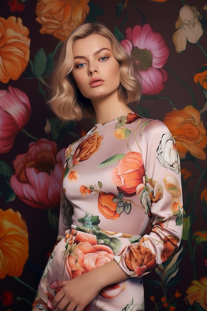 A model wears a floral dress with a floral pattern.