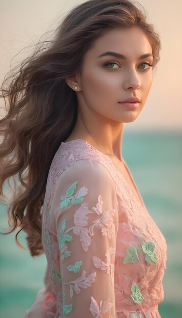 Photo the model wears a floral dress with a floral pattern