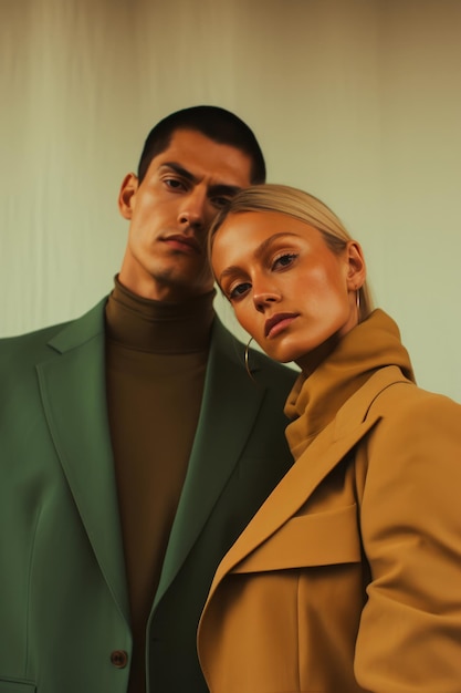 A model wears a green coat with a black turtleneck and a gold buttoned collar.