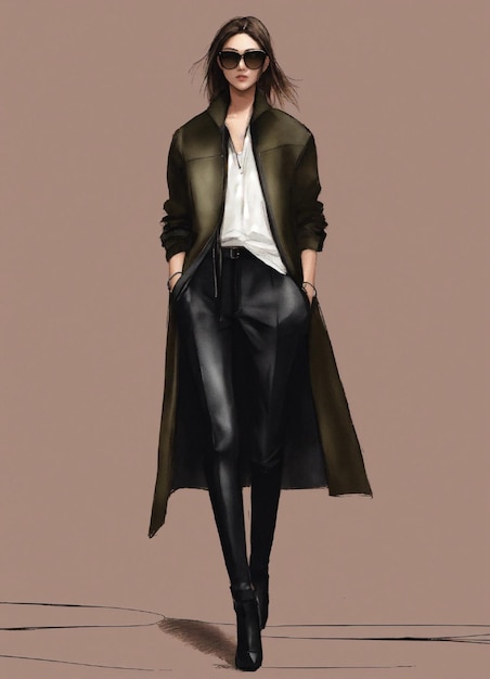 a model wears a green coat with a white shirt and black leather pants