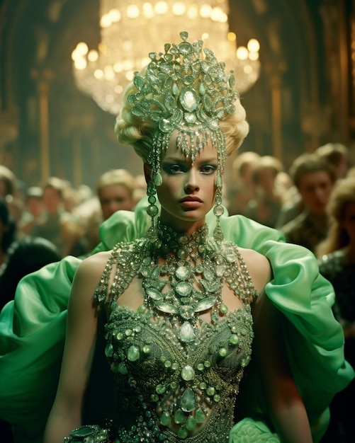 A model wears a green costume with a necklace and earrings.