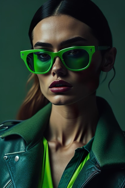 Модель носит зеленые очки в зеленой оправе и зеленую куртку.