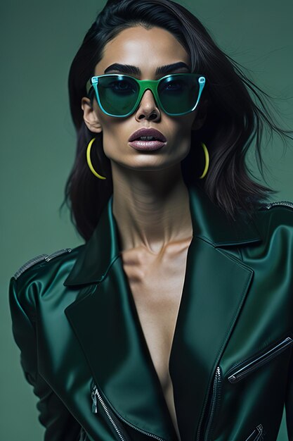 A model wears a green jacket with large round sunglasses.