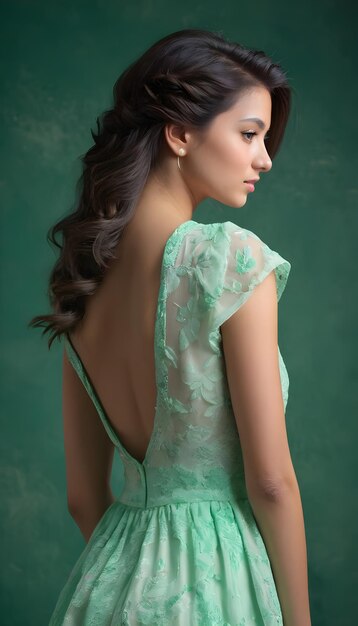 модель носит зеленое кружевное платье с цветочной спиной