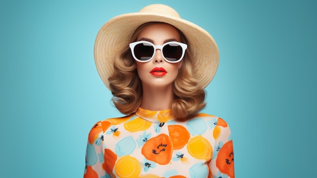 a model wears a hat and sunglasses with a red lipstick.