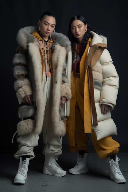 A model wears a large coat with a fur collar and a jacket with the word fur on it.