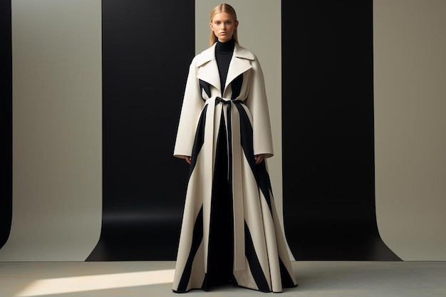 a model wears a long coat with a black and white coat.