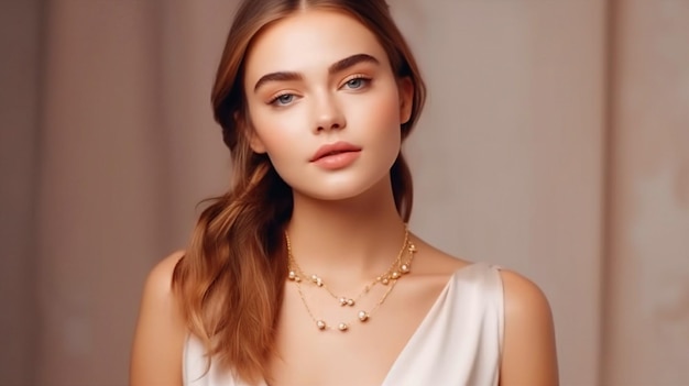 A model wears a necklace with pearls and a necklace