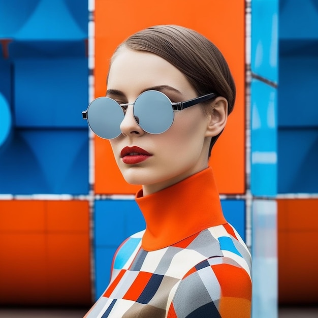 Foto una modella indossa un paio di occhiali da sole con la scritta b