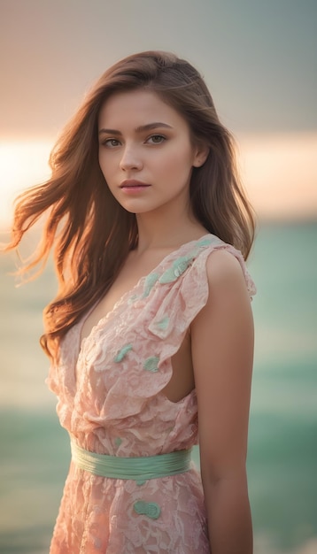a model wears a pink dress with a blue and green floral pattern