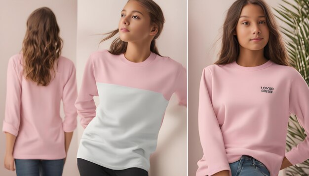 Photo a model wears a pink and white top with a white and blue design