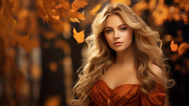 the model wears a red dress with autumn leaves.