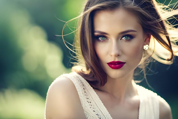 a model wears a red lipstick with a green background.