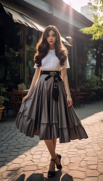 a model wears a silver pleated skirt with a black bow on the front.