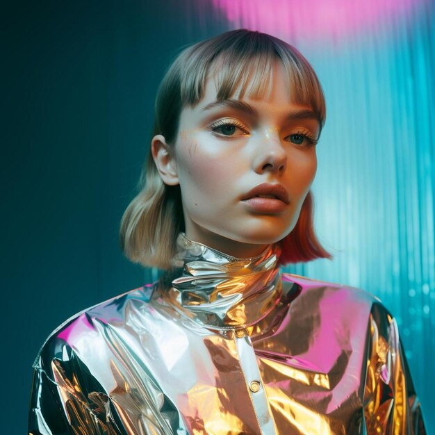 a model wears a silver and silver outfit with a silver sequined top.