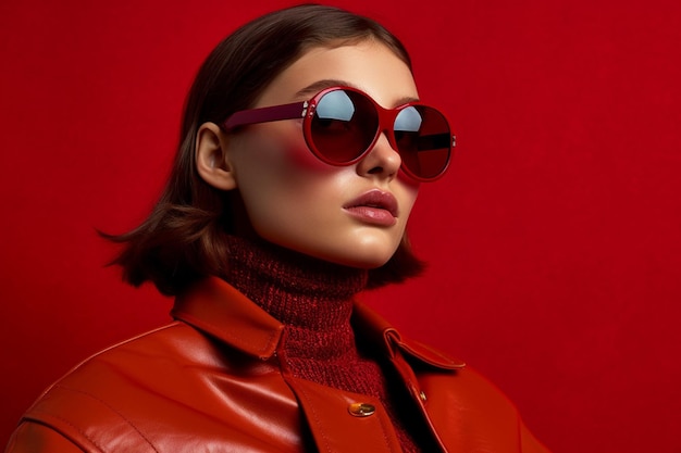 A model wears sunglasses with red frames and a re