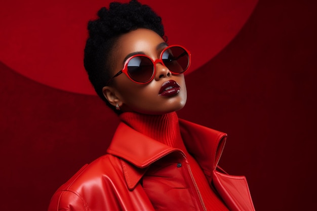 A model wears sunglasses with red frames and a re