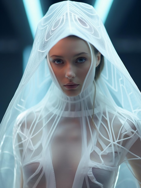 a model wears a veil with the word " the name of the brand "
