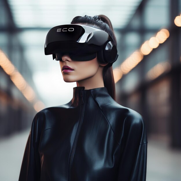 a model wears a virtual reality headset with the logo of the company.