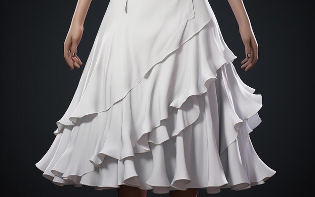 a model wears a white dress with a long skirt