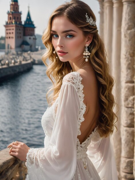 Foto una modella indossa un vestito di pizzo bianco con un castello russo sullo sfondo