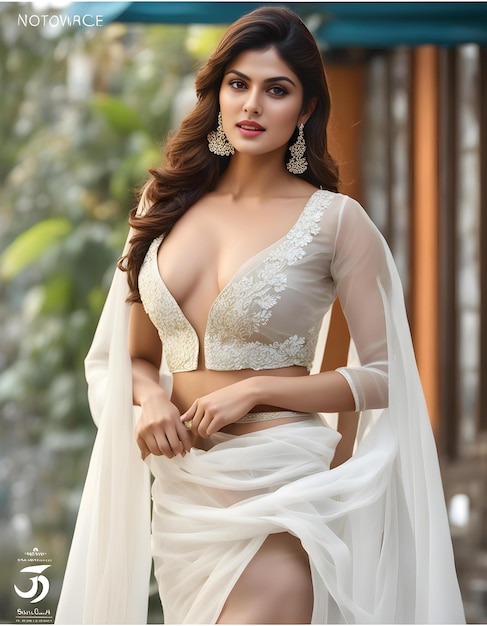 a model wears a white sari with a white sash