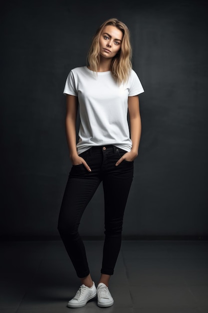 A model wears a white t - shirt and black jeans.