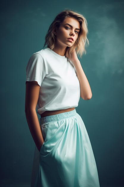A model wears a white t - shirt and blue skirt.