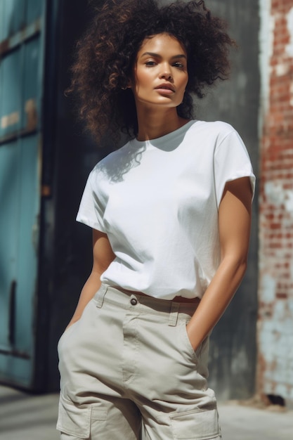 A model wears a white t - shirt from the brand new collection.