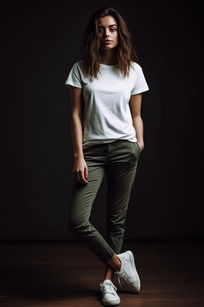 A model wears a white t - shirt and green pants.