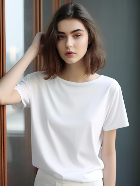 a model wears a white t - shirt with a long straight neck.