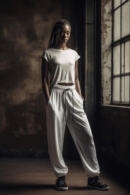 A model wears a white top and pants with a white top and a white top.