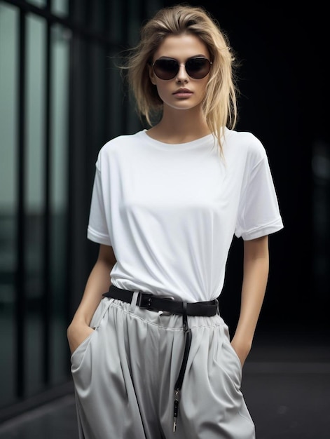 a model wears a white top with a black belt and sunglasses.