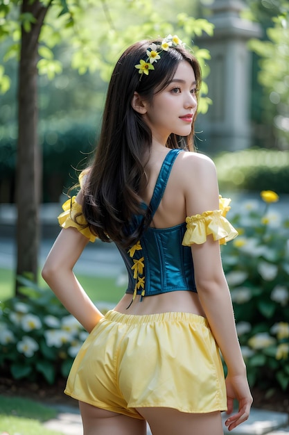 a model wears a yellow and blue corset with a blue corset