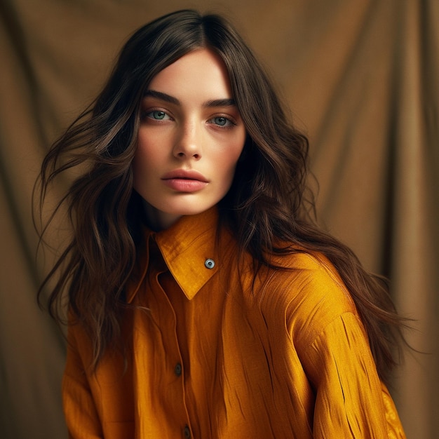 a model wears a yellow shirt with a black button down the front.