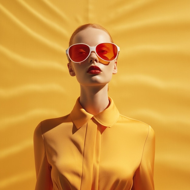 A model wears a yellow shirt with red sunglasses and a yellow shirt