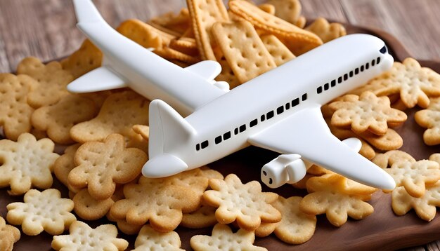 Foto un modello di un aereo bianco con una piccola quantità di biscotti nella parte anteriore