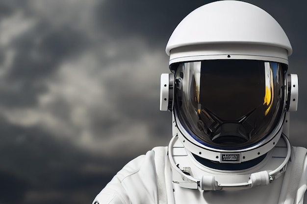 Model in a white astronaut suit with a helmet There is a large glass on the helmet in the face area