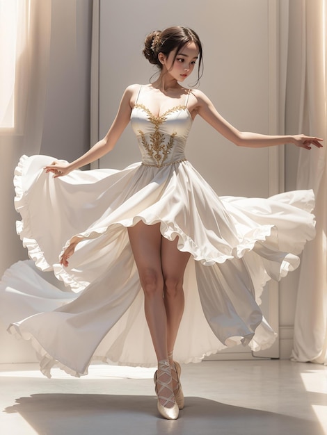 a model in a white dress with gold embroidery on the bottom