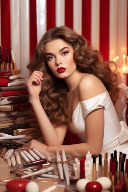 A model in a white dress with makeup on her face sits in front of a pile of makeup.