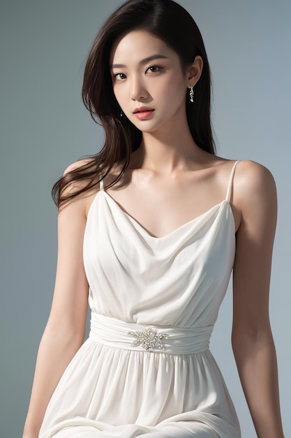 a model in a white dress with a silver beaded belt.